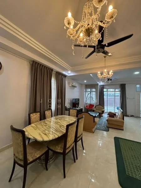 Dining features: oval marble dining table, 6 upholstered dining chairs, chandelier with crystals, 5-blade ceiling fan, cream painted walls, white ceiling with crown moulding, tile flooring, curtains, wall-mounted air conditioning unit, green area rug; style: modern. Living features: beige fabric sofa, red accent chair, coffee table, TV console, wall-mounted TV, large windows with natural light; style: modern.