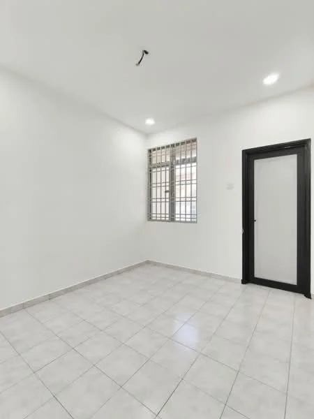 Room features: white painted walls, tile flooring, square ceiling lights, window with metal bars, black framed door, glass panel door, neutral color scheme, no visible furniture; style: minimalist.
