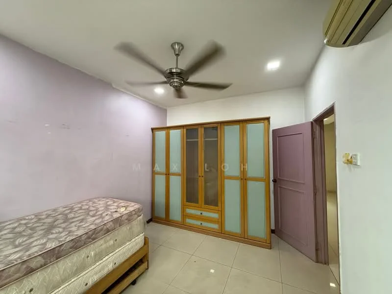 Bedroom features: queen-size bed, wooden wardrobe with glass panels, ceiling fan, white walls, tile flooring, recessed lighting, door with handle, window with no visible treatment.