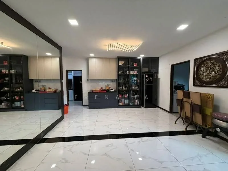 Kitchen features: white painted walls, grey cabinetry, marble tile flooring, recessed downlights, built-in cabinets, open shelving, kitchen island, stainless-steel appliances, black countertop, mirror wall, dining table with chairs; style: modern.