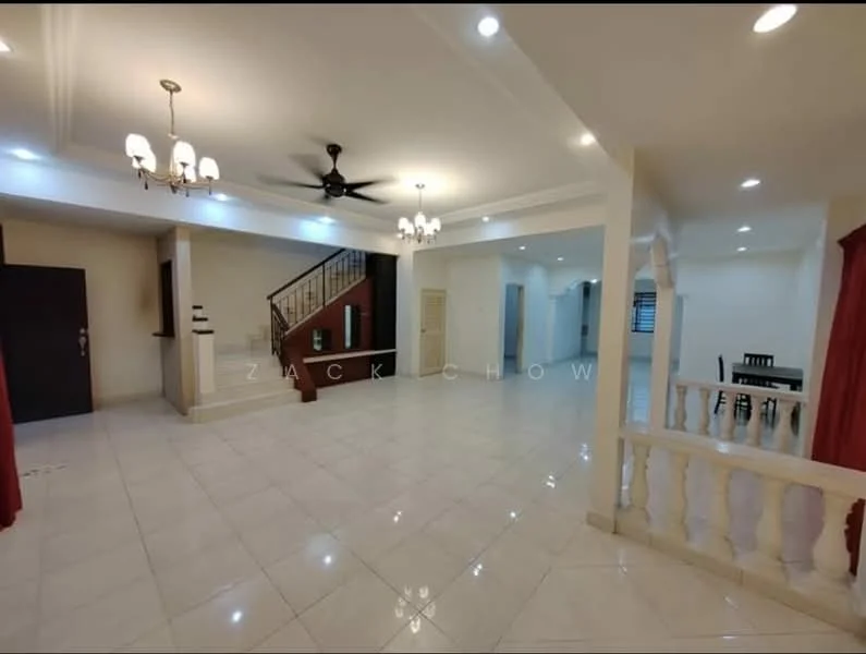 Living features: white painted walls, glossy ceramic tile flooring, tray ceiling with recessed lighting, 5-blade ceiling fan, chandelier, large windows with sheer curtains, open layout, staircase with wooden railing, decorative columns, dining area with wooden dining table, wall-mounted light fixtures; style: modern.