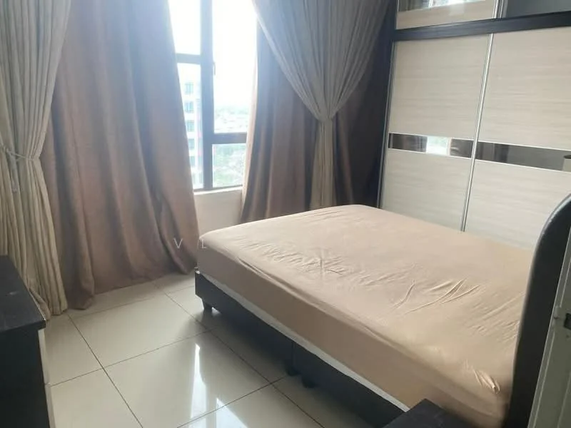 Bedroom features: queen-size bed, beige bedspread, floor-to-ceiling window, brown curtains, light-colored wall panels, glossy tile flooring, dark wood bedside table, built-in wardrobe with mirrored doors; style: modern; view: city.