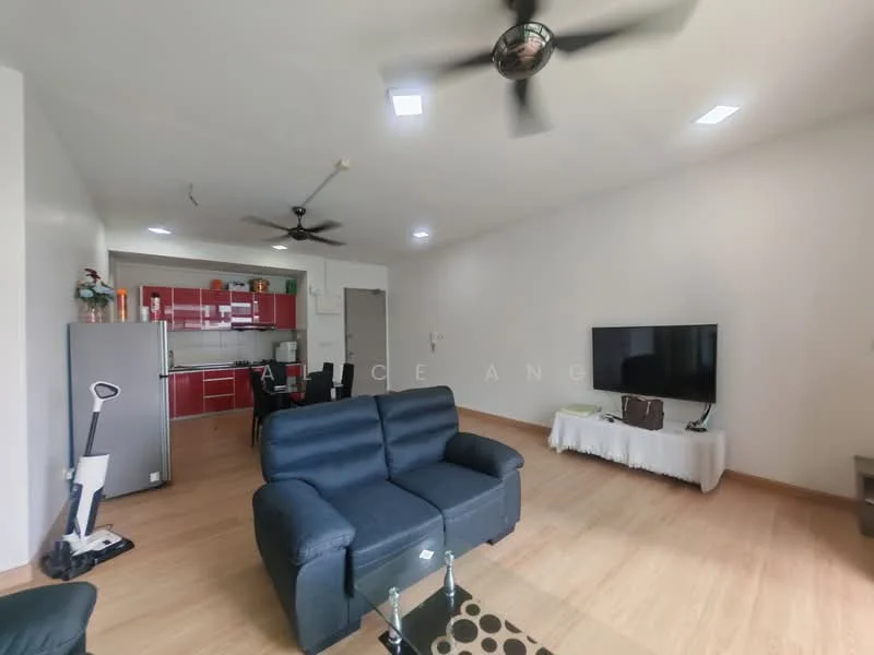 Living features: 3-seater fabric sofa in navy blue, coffee table with glass top, wall-mounted TV, TV console, 2 ceiling fans, laminate flooring, white walls, recessed LED downlights; style: modern. Kitchen features: red cabinetry, stainless-steel fridge, open-plan layout, countertop, kitchen appliances visible; style: modern.