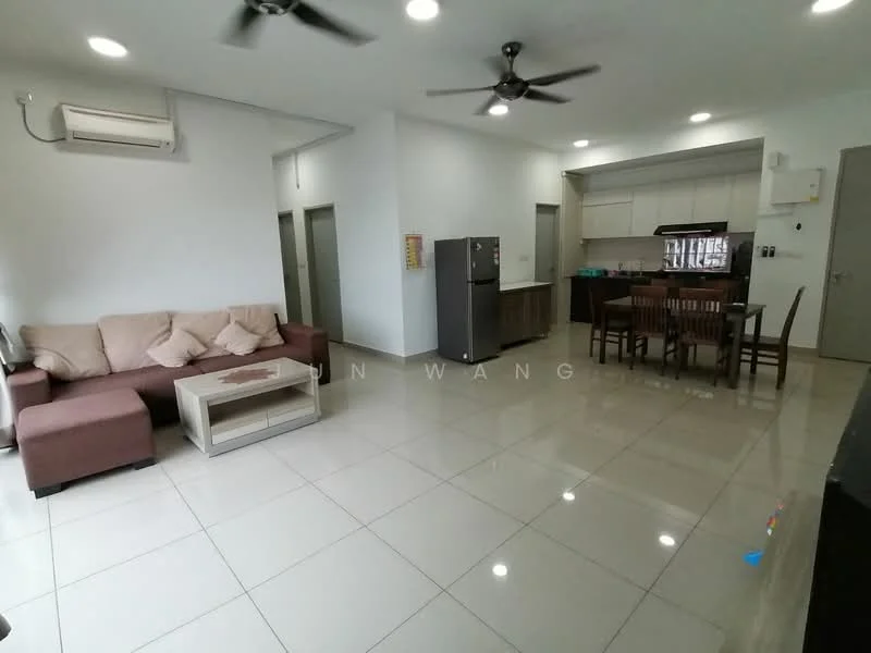 Living features: 3-seater fabric sofa in beige, coffee table, wall-mounted TV, dining table with chairs, refrigerator, kitchen cabinetry, marble tile flooring, ceiling fan, wall-mounted split AC, light fixtures, open layout, neutral wall color; style: modern.