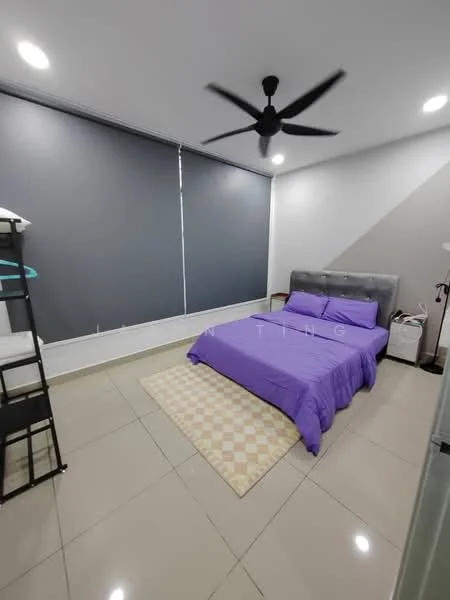 Bedroom features: purple bedspread, queen-size bed, upholstered headboard, 2 bedside tables, floor-to-ceiling windows with grey roller blinds, ceiling fan, polished tile flooring, area rug with geometric pattern; style: modern.
