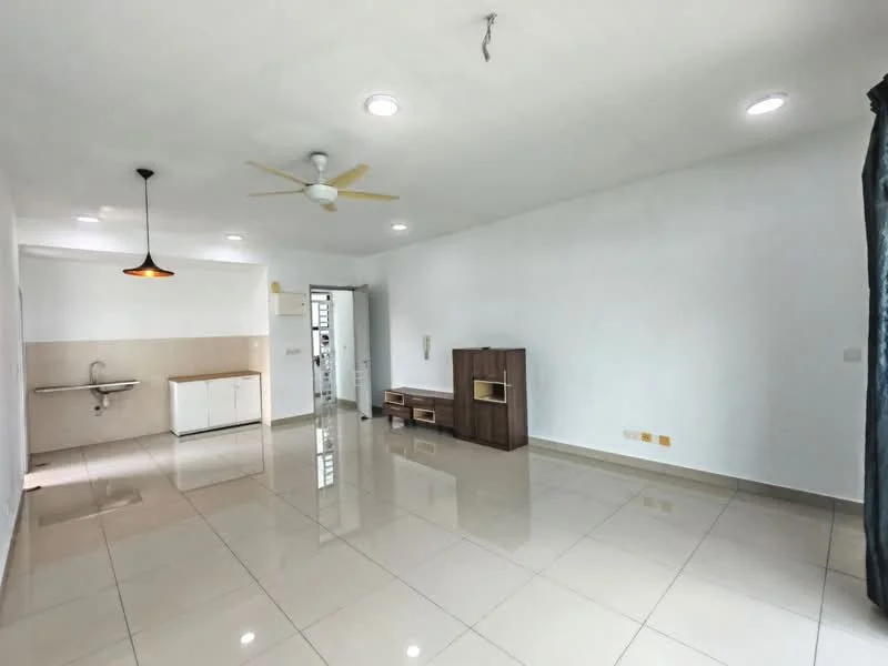 Living features: white painted walls, glossy ceramic tile flooring, ceiling fan, recessed LED downlights, pendant lamp, built-in cabinetry, open layout, large windows, neutral color scheme; style: modern. Kitchen features: single-bowl stainless-steel sink, white cabinetry, countertop, kitchenette layout, wall-mounted shelving; style: modern.