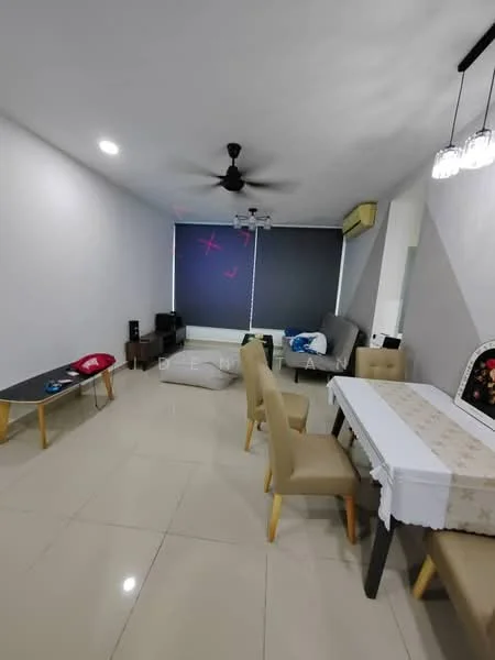 Living features: white painted walls, polished ceramic tile flooring, 5-blade ceiling fan with light, recessed downlights, sofa, dining table with white tablecloth, 4 upholstered dining chairs, TV console, floor-to-ceiling windows with roller blinds, decorative wall mirror; style: modern.