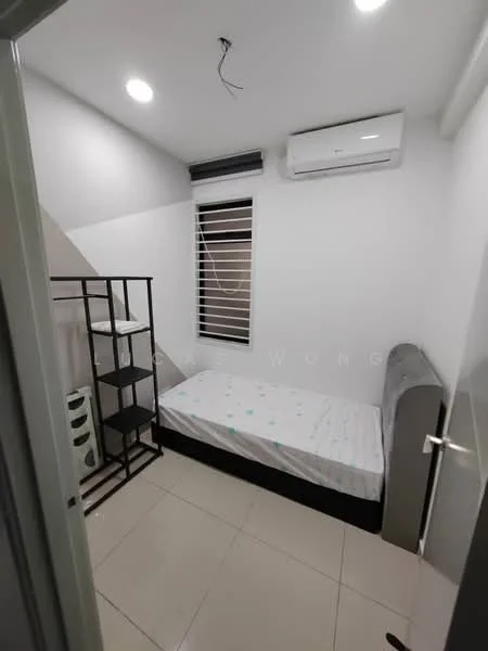 Bedroom features: single bed frame, mattress without bedding, built-in wardrobe, window with horizontal blinds, wall-mounted air conditioning unit, recessed ceiling lights, cream painted walls, tile flooring, open shelving unit; style: modern.