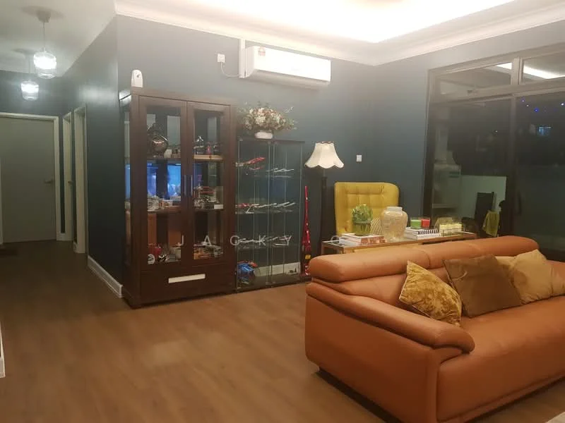 Living features: brown leather sofa, yellow upholstered armchair, glass display cabinet, wooden flooring, recessed ceiling lights, wall-mounted air conditioning unit, decorative plants, table lamp, wall with dark blue paint, large windows with natural light; style: contemporary.