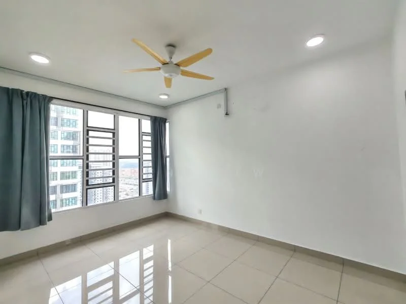 Room features: white painted walls, grey tiled flooring, 5-blade ceiling fan with light, floor-to-ceiling windows, curtains, recessed LED downlights; style: modern; view: city.