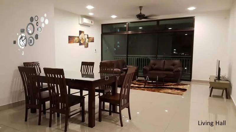Living features: dining table with 6 chairs, 3-seater fabric sofa in brown, 2-seater fabric sofa in brown, area rug with geometric pattern, flat-screen TV on console, wall-mounted air conditioning unit, ceiling fan, recessed LED downlights, large sliding glass door, balcony access, decorative wall art, cream tiled flooring, white painted walls; style: modern; view: city.