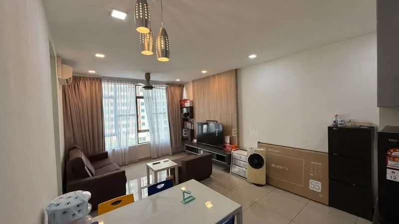 Living features: 3-seater fabric sofa in brown, coffee table, wall-mounted TV, TV console, floor-to-ceiling windows, sheer curtains, 5-blade ceiling fan with light, recessed LED downlights, decorative wall paneling, ceramic tile flooring, air conditioning unit; style: modern; view: city. Dining features: 4-seater dining table, colorful dining chairs, decorative centerpiece; style: modern.
