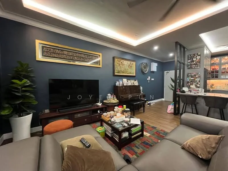 Living features: grey painted walls, wood flooring, 5-blade ceiling fan with light, wall-mounted TV, brown leather sofa, coffee table with decorative items, area rug with geometric pattern, potted plant, framed artwork on wall, decorative wall clock, open shelving with decorative items, dining area visible in background; style: modern.
