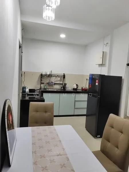Kitchen features: white painted walls, black countertop, light green cabinetry, stainless-steel fridge, built-in oven, electric kettle, microwave, sink with faucet, dining table with beige upholstered chairs, pendant lighting, tile flooring, wall-mounted shelves; style: modern.