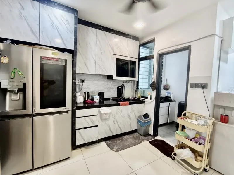 Kitchen features: marble countertop, black cabinetry, stainless-steel fridge, built-in oven, stainless-steel sink, chrome pull-down faucet, ceramic tile flooring, recessed downlights, window with view to outside, kitchen cart, kitchen appliances, black backsplash, wall-mounted cabinets; style: modern.