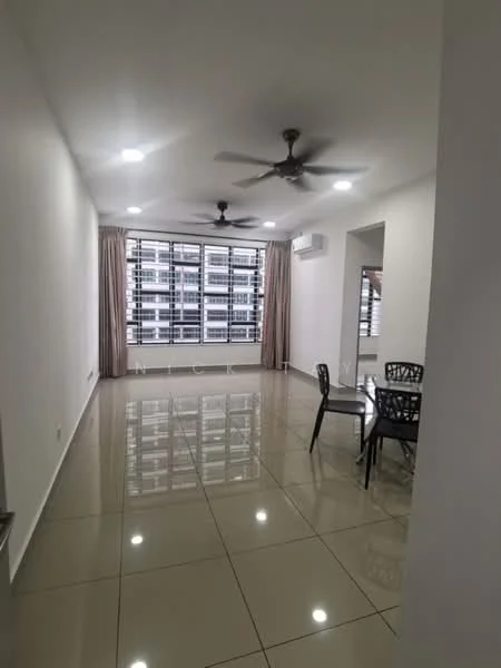 Living features: white painted walls, glossy tile flooring, 2 ceiling fans, floor-to-ceiling windows, sheer curtains, air conditioning unit, dining table with chairs, open layout; style: modern; view: city.