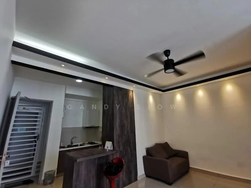 Living features: 5-blade ceiling fan with light, recessed downlights, white painted walls, dark wood accent wall, tile flooring, sofa in brown, bar counter with red stool, open kitchen area visible; style: modern. Kitchen features: single-bowl stainless-steel sink, chrome pull-down faucet, white cabinetry, kitchen countertop, built-in appliances visible; style: modern.