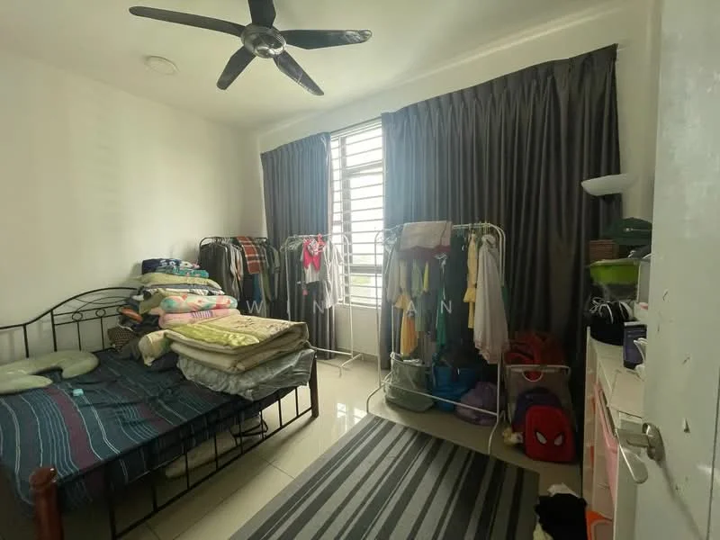 Bedroom features: queen-size bed with striped bedding, 2 bedside pillows, black ceiling fan, floor-to-ceiling window with sheer curtains, grey curtains, white walls, tile flooring, clothes drying rack, clothes on hangers, striped area rug, wall-mounted shelf, backpack on floor.