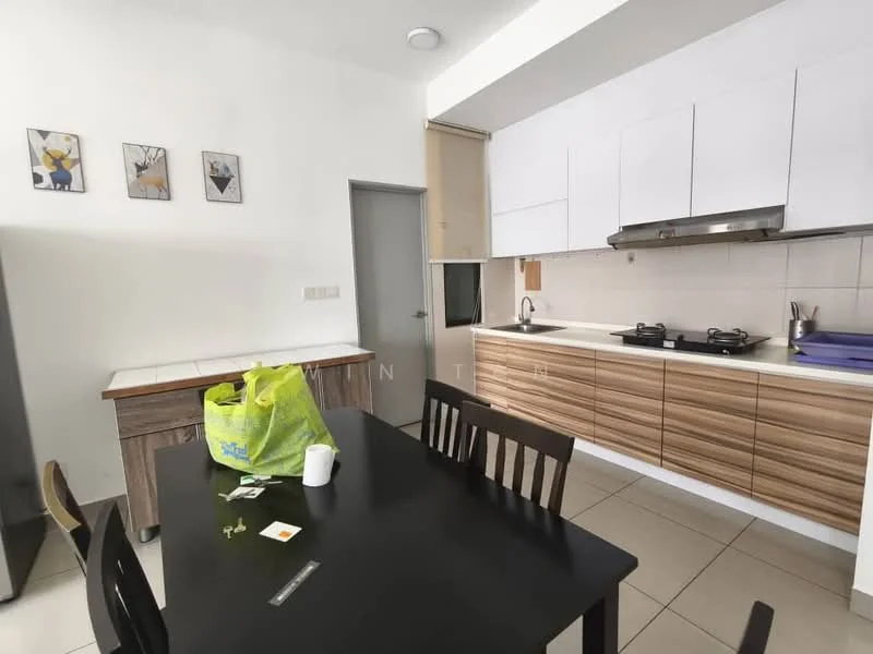 Kitchen features: white cabinetry with wood accents, stainless-steel gas hob, built-in oven, white tiled backsplash, light-colored countertop, double-bowl stainless-steel sink, refrigerator, dining table with black finish, four wooden dining chairs, wall-mounted kitchen cabinet, ceramic tile flooring, three framed artworks on wall; style: modern.