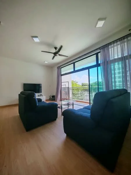 Living features: 2-seater fabric sofa in dark blue, 3-blade ceiling fan with light, wall-mounted TV, glass coffee table, floor-to-ceiling windows, sheer curtains, wooden flooring, mountain view; style: modern; view: mountain.