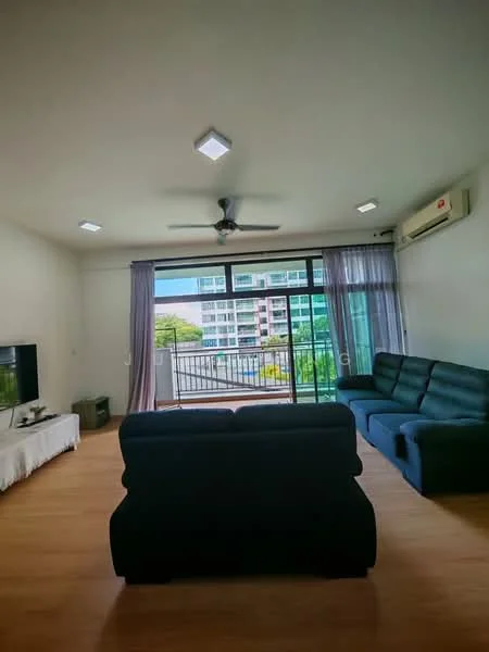Living features: 3-seater fabric sofa in dark blue, 2-seater fabric sofa in dark blue, coffee table, wall-mounted TV, ceiling fan, recessed LED downlights, floor-to-ceiling windows, sheer curtains, wooden flooring, air conditioning unit; style: modern; view: garden.