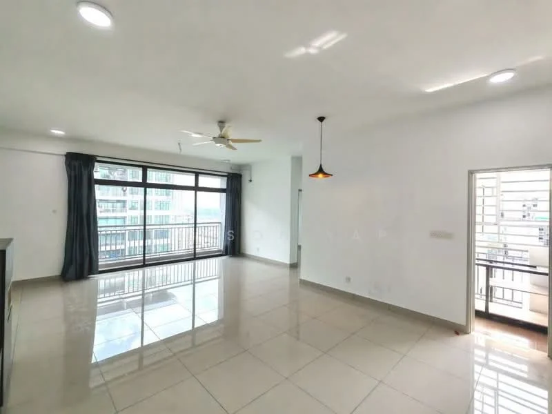 Living features: large floor-to-ceiling windows, sliding glass door, grey curtains, white painted walls, polished ceramic tile flooring, ceiling fan, pendant light, open layout, balcony access, recessed downlights; style: modern; view: city.