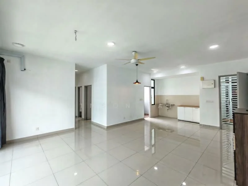 Living features: white painted walls, polished ceramic tile flooring, 5-blade ceiling fan with light, recessed downlights, large window for natural light, open layout, neutral color scheme, sliding glass door leading to balcony, kitchenette area with countertop, wall-mounted air conditioning unit; style: modern. Kitchen features: white cabinetry, countertop, sink, stainless-steel appliances, open layout to living area; style: modern.