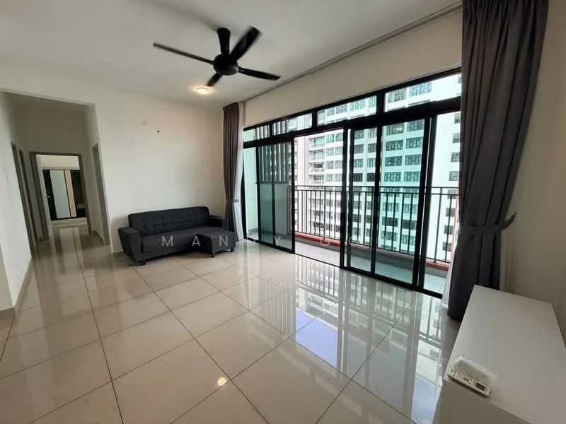 Living features: grey fabric sofa, floor-to-ceiling windows, sliding glass door, white walls, light grey curtains, polished ceramic tile flooring, 5-blade ceiling fan, balcony view, TV console, area rug; style: modern; view: city. Room features: white walls, polished ceramic tile flooring.