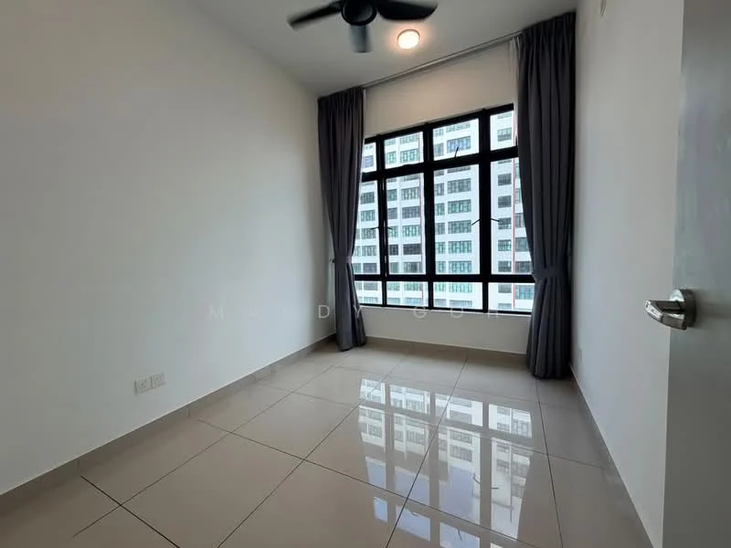 Room features: white painted walls, glossy ceramic tile flooring, 5-blade ceiling fan with light, floor-to-ceiling windows, grey curtains, natural light from windows; style: modern; view: city.