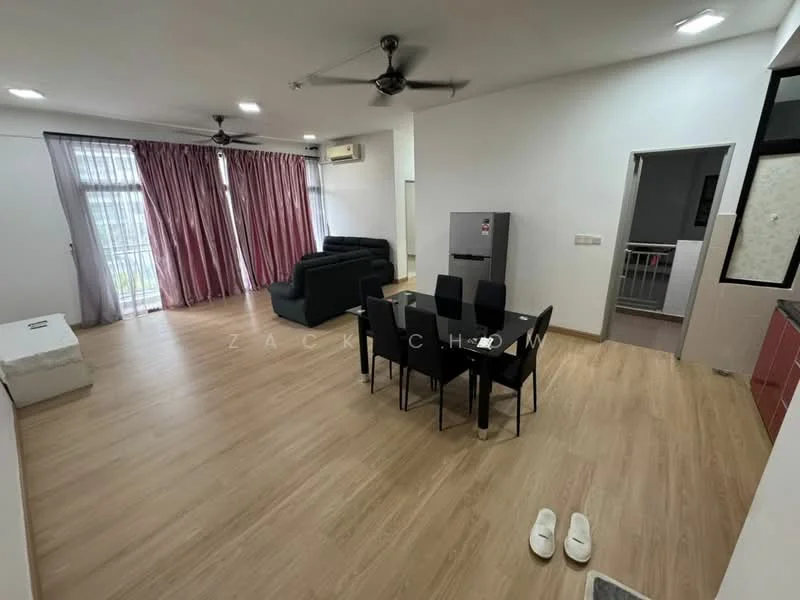 Living features: laminate flooring, 5-blade ceiling fan with light, floor-to-ceiling windows, sheer curtains, grey fabric sofa, black dining table with four chairs, refrigerator, white walls, light fixtures, open layout; style: modern; view: garden.