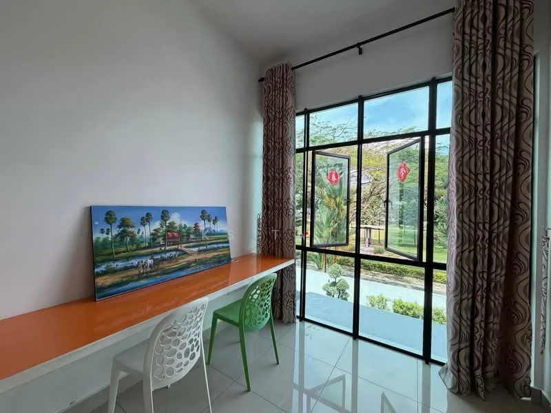 Room features: white painted walls, glossy tile flooring, large floor-to-ceiling windows, curtains with floral pattern, orange desk surface, two chairs (one white, one green), decorative painting on wall; style: modern; view: garden.