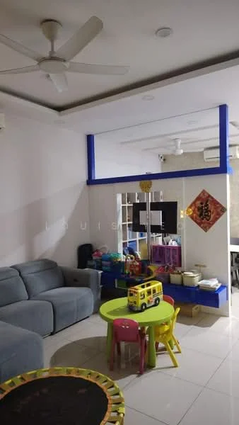 Living features: 3-seater fabric sofa in grey, ceiling fan, wall-mounted TV, coffee table, decorative wall with blue accents, tile flooring, open shelving unit, colorful children's table with chairs, decorative wall art, light fixtures, play area with toys; style: modern.