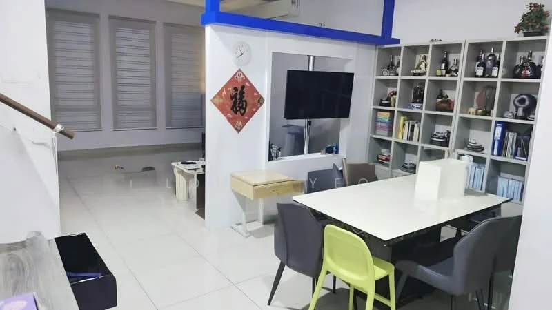 Dining features: white dining table, 4 upholstered dining chairs in grey, 2 plastic dining chairs in yellow, wall-mounted TV, open shelving unit with decorative items, white walls, tile flooring, recessed lighting, decorative wall clock, Chinese character wall decoration; style: modern. Living features: sofa, coffee table, decorative items on shelves, floor-to-ceiling windows with shutters; style: modern.
