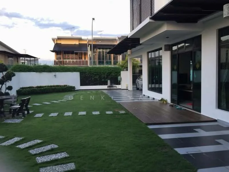 Exterior type: detached bungalow; features: manicured lawn, stone-paved walkway, outdoor patio area, glass sliding doors, overhanging eaves, landscaped garden, modern outdoor furniture, fenced perimeter, decorative shrubs, multiple levels of flooring, outdoor lighting; style: modern.