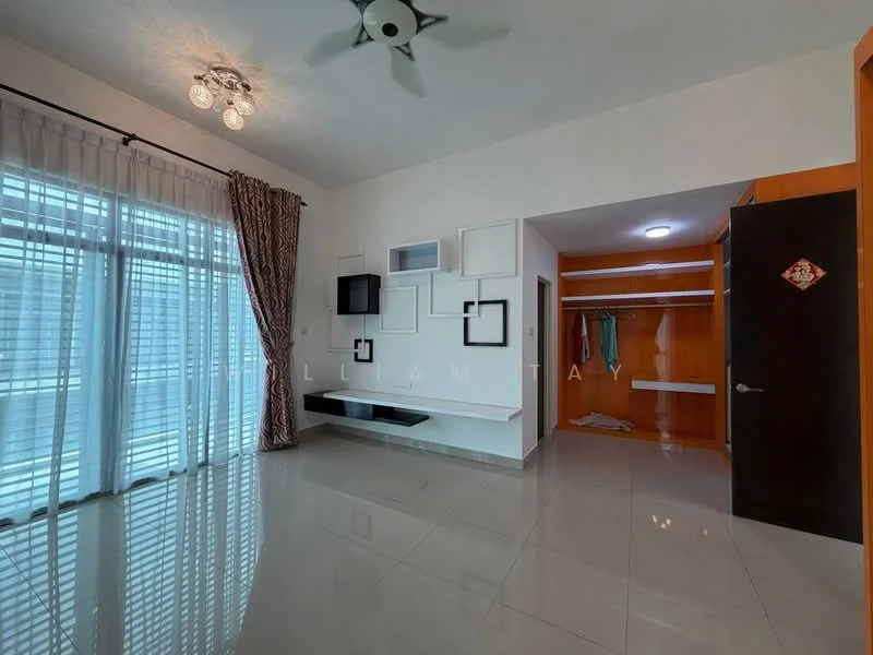 Room features: large floor-to-ceiling windows, sheer curtains, white walls, polished ceramic tile flooring, recessed ceiling lights, 5-blade ceiling fan with light, built-in shelving unit, open closet with hanging space, decorative wall art, neutral color scheme; style: modern; view: city.