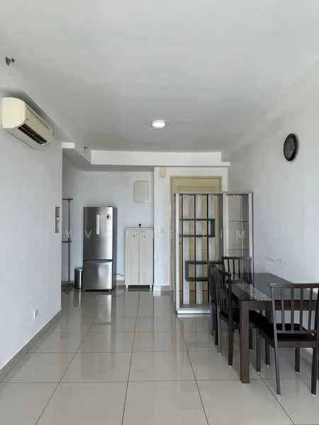 Living features: white painted walls, glossy tile flooring, 1 wall-mounted split AC, recessed downlights, round wall clock, glass dining table, 4 wooden dining chairs, stainless-steel fridge, wooden cabinet, glass door partition; style: modern.