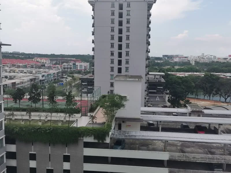 Exterior type: high-rise condominium; features: glass curtain wall, balconies on upper floors, manicured landscaping, tennis court visible, basketball court visible, open-air parking lot, surrounded by greenery, adjacent to residential area; style: modern.