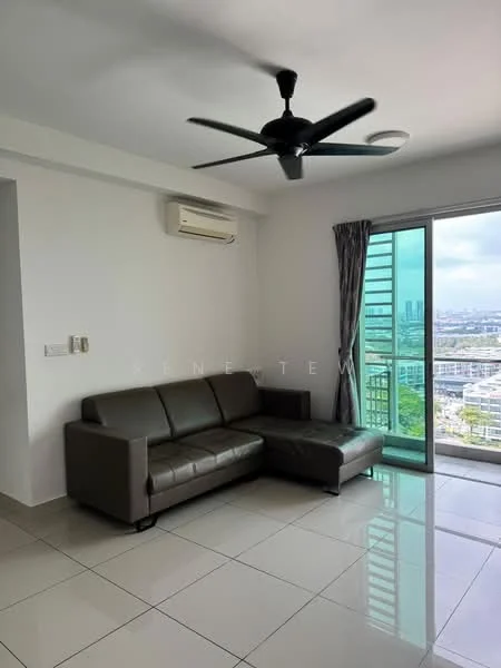 Living features: 3-seater leather sofa in dark grey, floor-to-ceiling windows, sliding glass door, city view, white painted walls, polished ceramic tile flooring, 5-blade ceiling fan with light, wall-mounted split AC; style: modern; view: city.