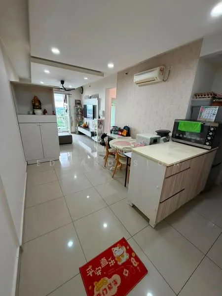Kitchen features: white cabinetry, marble countertop, stainless-steel microwave, built-in oven, 4-burner gas hob, single-bowl stainless-steel sink, chrome pull-down faucet, tile flooring, recessed downlights, wall-mounted split AC, dining table with chairs, decorative wall art, window with sheer curtains, open layout, area rug; style: modern; view: garden.