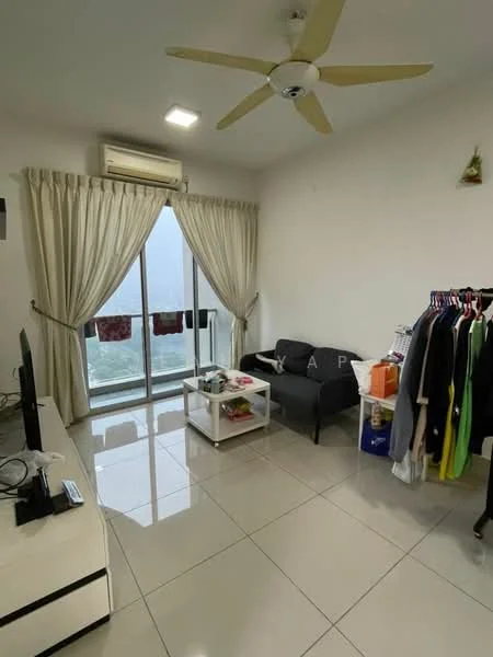 Living features: white painted walls, glossy ceramic tile flooring, 5-blade ceiling fan with light, floor-to-ceiling sliding glass door, sheer curtains, black fabric sofa, white coffee table, TV console, decorative items on coffee table, clothes rack with hanging clothes; style: modern.