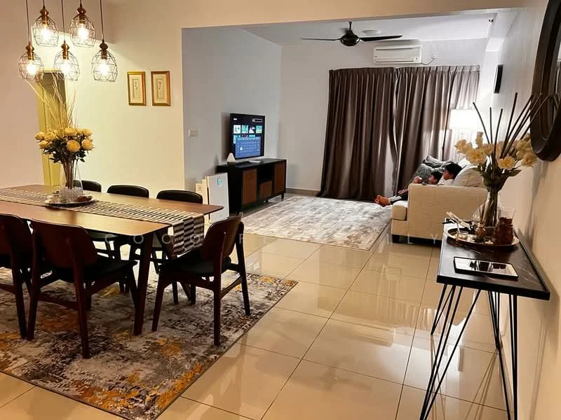 Dining features: 6-seater dining table, wooden dining chairs, pendant lighting with glass shades, decorative table runner, area rug with geometric pattern, vase with flowers, wall-mounted mirror, side console table; style: modern. Living features: sofa in cream fabric, coffee table, TV console, wall-mounted TV, area rug with abstract pattern, curtains in brown, ceiling fan, wall-mounted air conditioning unit; style: modern.