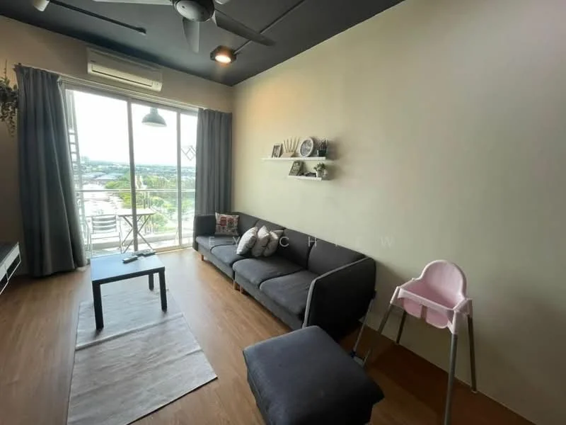 Living features: grey fabric sofa, black coffee table, light area rug, floor-to-ceiling windows, curtains, ceiling fan, wall-mounted shelf with decor, high chair, wooden flooring, balcony view; style: modern; view: city.