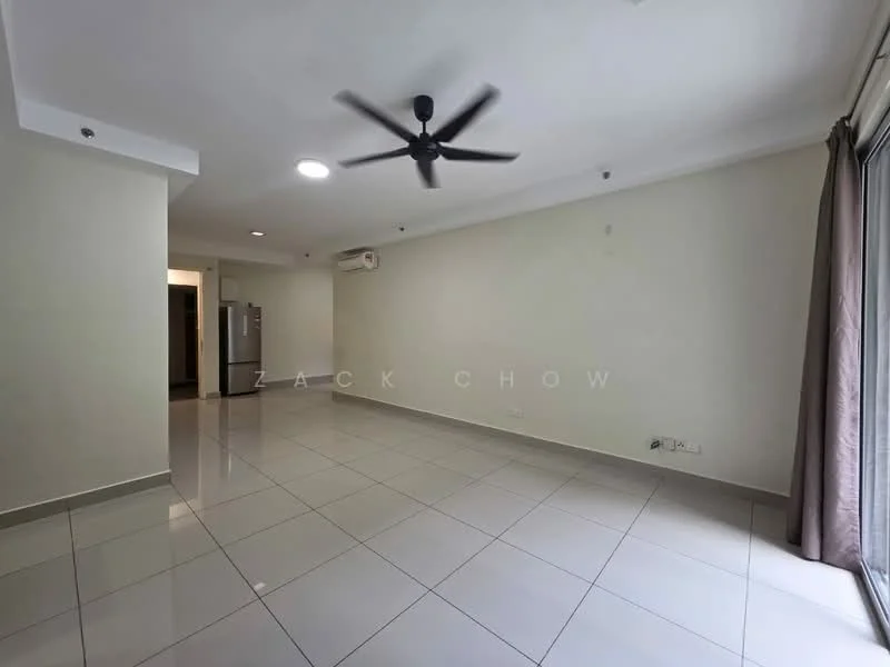 Living features: white painted walls, glossy ceramic tile flooring, 5-blade ceiling fan with light, wall-mounted split AC, large sliding glass door, floor-to-ceiling windows, curtains, recessed lighting; style: modern.