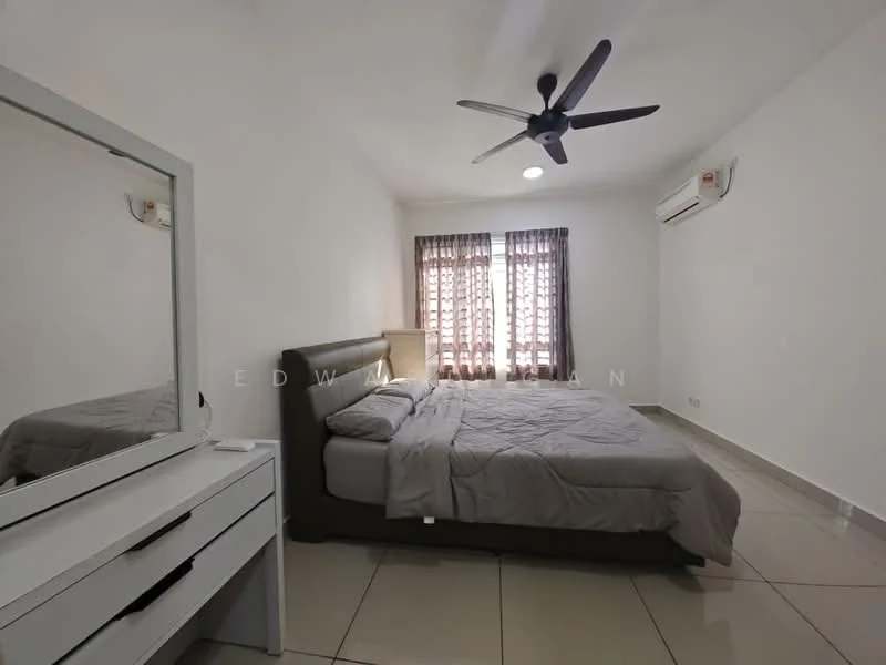Bedroom features: king-size bed with grey bedding, upholstered headboard, 2 bedside lamps, white painted walls, tile flooring, ceiling fan with light, wall-mounted split AC, window with sheer curtains, dressing table with mirror, built-in wardrobe; style: modern.