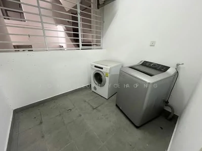 Laundry features: front-load washing machine, top-load washing machine, grey tiled flooring, white painted walls, window with metal grille, plumbing connections visible.