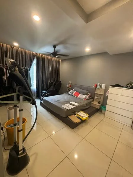 Bedroom features: queen-size bed with grey upholstered headboard, 2 bedside tables, black office chair, floor-to-ceiling window with sheer curtains, 5-blade ceiling fan, white dresser with multiple drawers, tile flooring, grey painted walls, decorative wall art, clothes rack with hanging clothes, vacuum cleaner, laundry basket; style: modern.