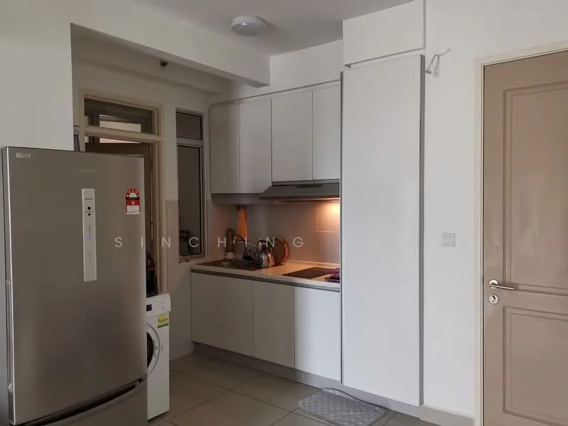Kitchen features: white cabinetry, stainless-steel fridge, built-in oven, stainless-steel sink, chrome pull-down faucet, grey countertop, tile backsplash, washing machine, under-cabinet lighting, neutral wall colour, ceramic tile flooring, recessed downlights; style: modern.