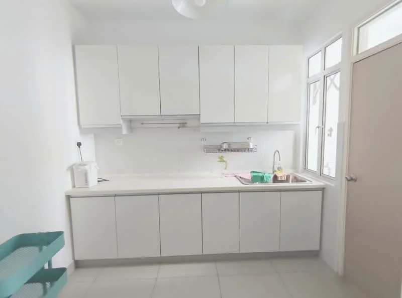 Kitchen features: white cabinetry, laminate countertop, single-bowl stainless-steel sink, chrome pull-down faucet, white tiled backsplash, built-in kitchen hood, window above sink, grey floor tiles, wall-mounted shelving, green plastic storage basket; style: modern.