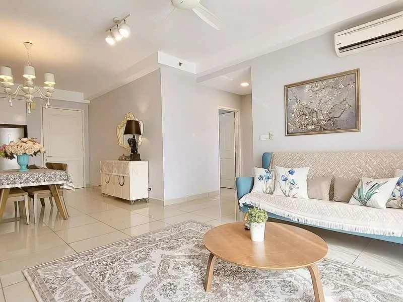 Living features: 3-seater fabric sofa in light beige, wooden coffee table, area rug with floral pattern, wall-mounted air conditioning unit, ceiling fan, chandelier with multiple bulbs, decorative wall art, white painted walls, tile flooring, dining table with 4 chairs, sideboard cabinet, floor-to-ceiling windows; style: modern.