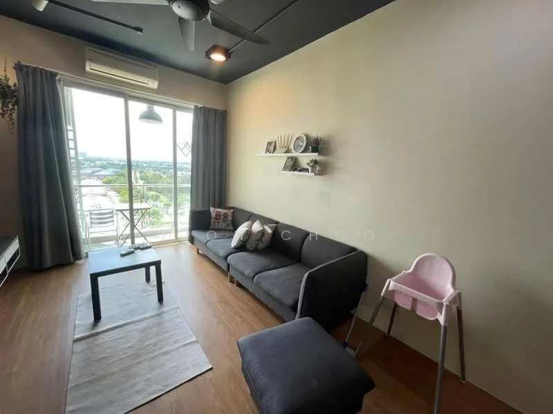 Living features: grey fabric sofa, black coffee table, area rug, floor-to-ceiling windows, sliding glass door, curtains, ceiling fan, wall-mounted shelf, high chair, wooden flooring, city view; style: modern; view: city.